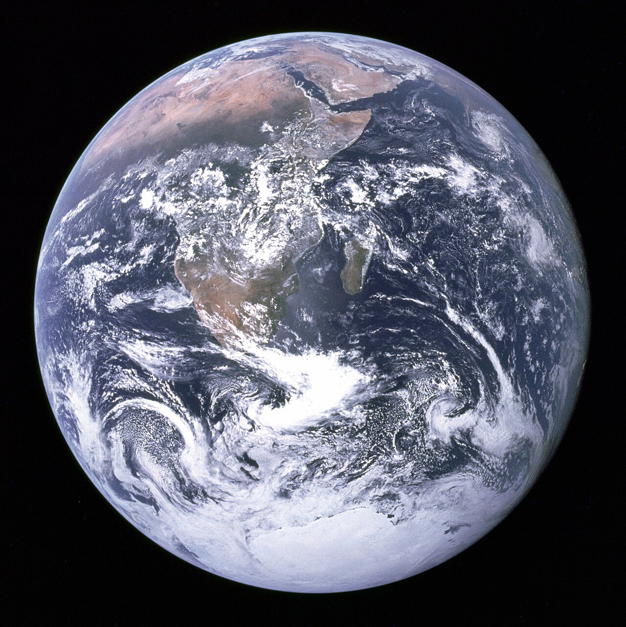The Earth, photographed by the crew of Apollo 17 on the way to the Moon. Africa and Antarctica are visible.