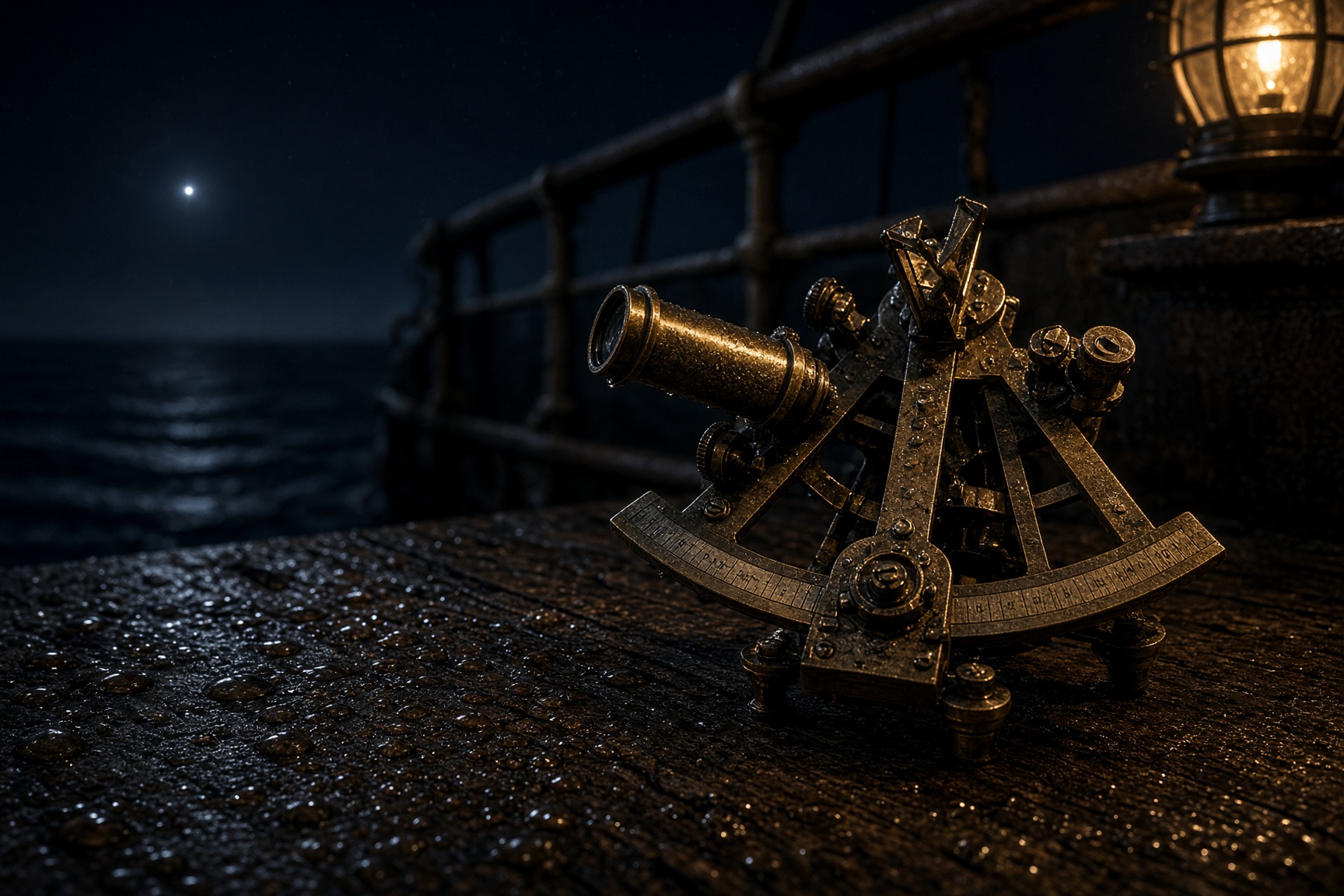 A worn brass sextant on a night deck, one star over a dark sea.
